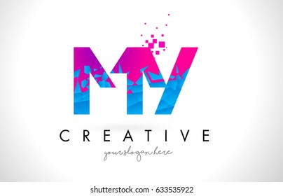 MY M Y Letter Logo with Broken Shattered Blue Pink Triangles Texture Design Vector Illustration.