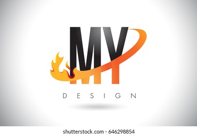 MY M Y Letter Logo Design with Fire Flames and Orange Swoosh Vector Illustration.