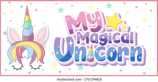 My magical unicorn logo in pastel color with cute unicorn and star confetti illustration