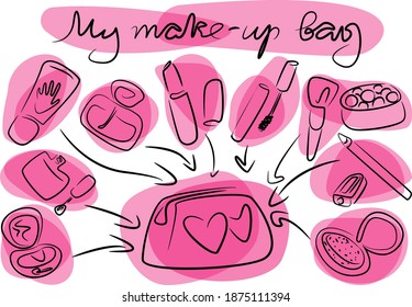 my make-up bag outline sketch decorative cosmetics pink background