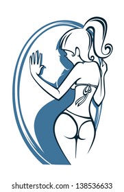my mirror, vector illustration of slim girl and her reflection
