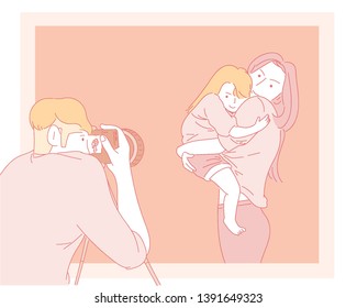 My mom is holding a child and my dad is taking a picture. hand drawn style vector design illustrations. 