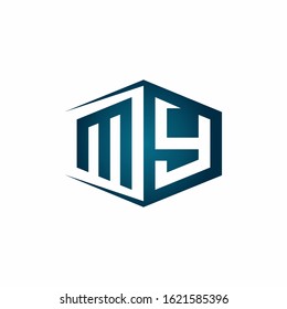 MY monogram logo with hexagon shape and negative space style ribbon design template