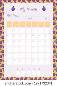 My Month. Mood Tracker. Notebook page on a background of a cute plum pattern. Vector 10 ESP.