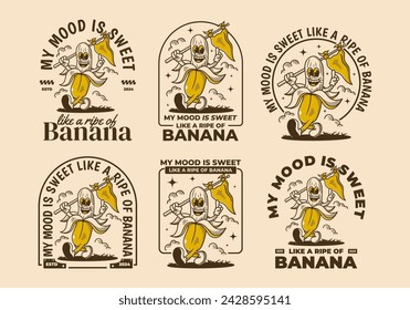 My mood is sweet, like a ripe of banana. Mascot character of walking banana holding a triangle flag