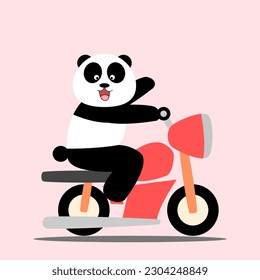 My motorcycle panda cartoon so cute. On pink background. Vector illustration.