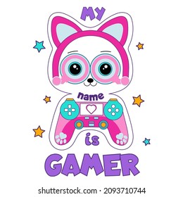 My name is gamer cute flat style vector illustration with cat or dog, game controller and headphones. Gamer design for print, textile, party, sticker, poster, kids. Gamer girl design with kawaii cat