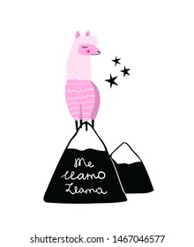 My name is Llama. Pink Llama on the hill or mountain hand drawn Me Llamo Llama print design. Llama standing on the hill hand drawn doodle animal pun and wordplay design with lettering in Spanish. 