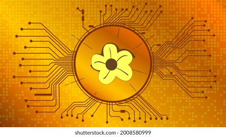 Símbolo criptodivisa de mi vecino Alicia en círculo con pistas de PCB sobre fondo dorado. Icono de moneda digital en estilo tecno para sitio web o banner. Ilustración vectorial.