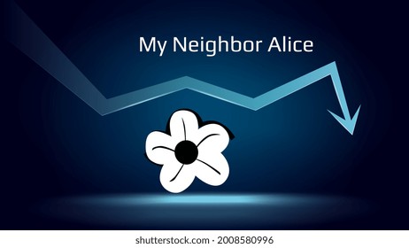 My Neighbor Alice in downtrend and price falls down. Cryptocurrency coin symbol and down arrow. Crushed and fell down. Cryptocurrency trading crisis and crash. Vector illustration.