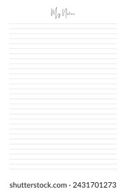 MY NOTES blank sheet of paper with straight parallel lines on white isolated background. Vector illustration.