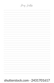 MY NOTES blank sheet of paper with straight parallel lines on white isolated background. Vector illustration.