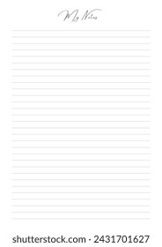 MY NOTES blank sheet of paper with straight parallel lines on white isolated background. Vector illustration.