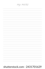 MY NOTES blank sheet of paper with straight parallel lines on white isolated background. Vector illustration.