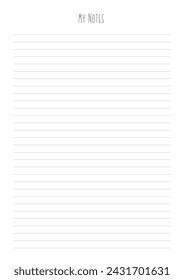 MY NOTES blank sheet of paper with straight parallel lines on white isolated background. Vector illustration.