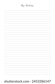 MY NOTES blank sheet of paper with straight parallel lines on white isolated background. Vector illustration.