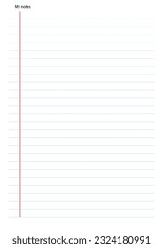 My Notes. template. Clear and simple printable. Business organizer page. Paper sheet. Realistic vector illustration.