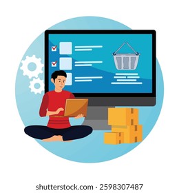 My Order List Concept. A Man managing e-commerce activities using a laptop and inventory boxes. Flat vector modern illustration 