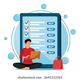 My order list concept. A  young man shopping online while browsing options on a tablet screen. Depicts the convenience of e-commerce and modern lifestyles.