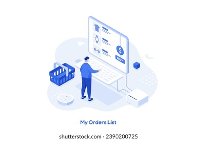 My orders list isometric concept vector illustration. Shopping list ID, customer name, add items to cart, ecommerce website menu, online store, curbside pickup, shopping cart abstract metaphor.
