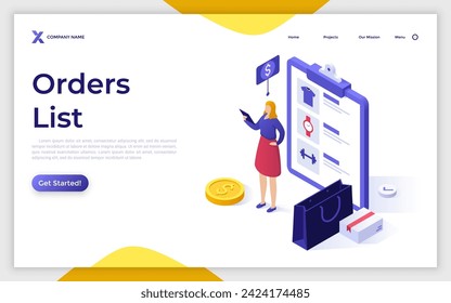 Mi lista de pedidos muestra el vector de concepto isométrico. Id. de lista de compras, nombre del cliente, añadir artículos al carrito, menú del sitio web de ecommerce, tienda en línea, camioneta de la esquina, página de aterrizaje del carro de la compra