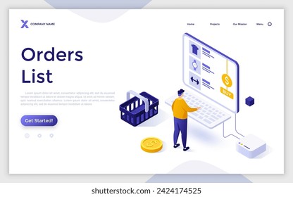 My orders list isometric concept vector illustration. Shopping list ID, customer name, add items to cart, ecommerce website menu, online store, curbside pickup, shopping cart landing page.