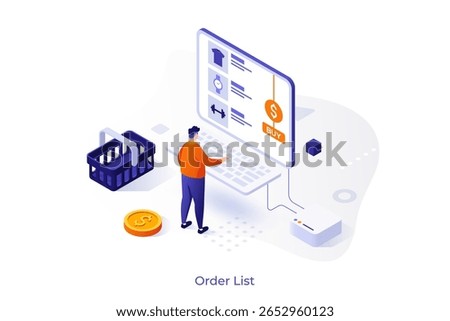 My orders list isometric concept vector illustration. Shopping list ID, customer name, add items to cart, ecommerce website menu, online store, curbside pickup, shopping cart concept