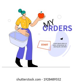 My orders - modern colorful flat design style web banner with copy space for text. Shopping online, e-commerce website header idea. A composition with a woman with a basket, holding an apple