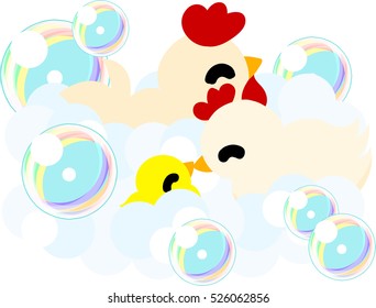 My original illustration of cute domestic fowls and chick