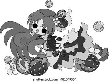 My original illustration of the girl in the strawberry dress