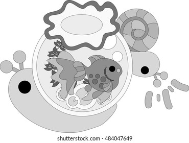 My original illustration of pretty snails and a goldfish