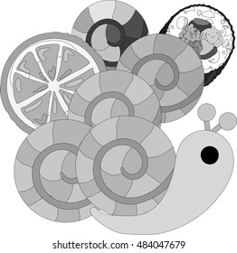 My original illustration of pretty snails and various funny shells
