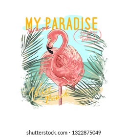 My Paradise slogan with flamingo and palm trees illustration