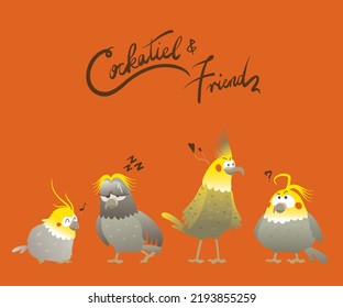 My Pet Cockatiel And Friends. Four Birds in emotions.