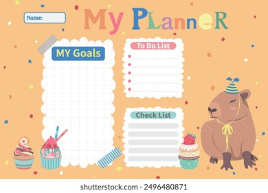 My planner with capybara and cupcakes in flat cartoon style. Schedule template, Planner for printing. Cartoon animals vector illustration for kids. My goals, To do list, Check list. Orange background.