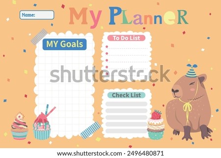 My planner with capybara and cupcakes in flat cartoon style. Schedule template, Planner for printing. Cartoon animals vector illustration for kids. My goals, To do list, Check list. Orange background.