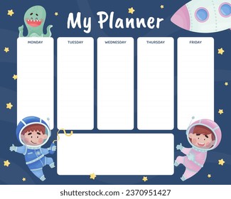 My Planner with Cute Kid Astronaut Character in Space Suit Vector Template