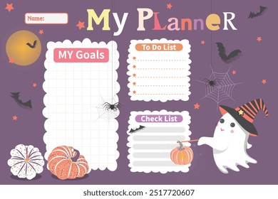 Mi planificador con fantasma, calabaza y murciélago en estilo de dibujos animados planos. Programar Plantilla, Planificador para imprimir. Ilustración vectorial de fondo de Halloween de dibujos animados para niños. Mis objetivos, Para hacer lista, Lista de verificación.