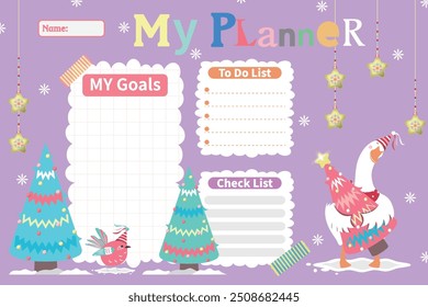 My planner with goose and Christmas tree in flat cartoon style. Schedule template, Planner for printing. Cartoon animals vector illustration for kids. My goals, To do list, Check list.