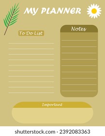 My planner in minimalist style with flowers. To do list, notes, memo.  Aesthetic Vector illustration. 