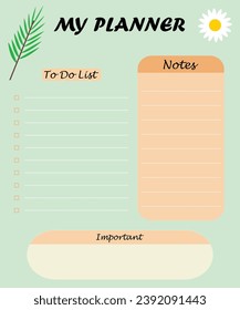 My planner in minimalist style with flowers. To do list, notes. Vector illustration. Aesthetic trendy lettering. Template for agenda, planners, check lists, and other stationery.