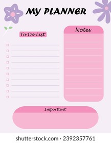 My planner in minimalist style with flowers. To do list, notes. Vector illustration. Aesthetic trendy lettering. Template for agenda, planners, check lists, and other stationery.
