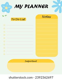 My planner in minimalist style with flowers. To do list, notes, memo. Vector illustration. Aesthetic trendy lettering. Template for agenda, planners, check lists, and other stationery.