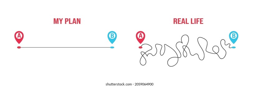 My plans vs Reality or real life, Hard and easy Way, Road from point A to  B. Vector flat illustration on isolated white background.