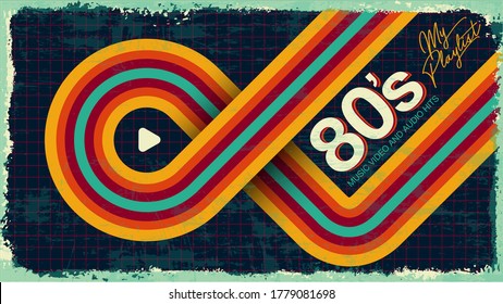 My playlist. 80's Awesome super video, audio hits. VHS glitch effect. 80's,90's style.  Retro vintage cover. Eighties color letters. Old style tape, banner or poster. Easy editable design template. 