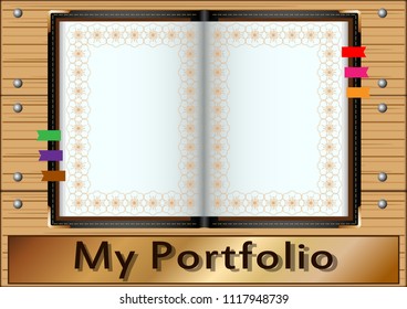 My Portfolio, leather folder, with metal edging, on the background of wooden boards. White pages for text and photos. Vector illustration