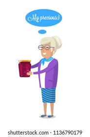 My precious strawberry or raspberry jam jar granny home cooking conserve. Vector smiling old woman holding canned jelly or marmalade glass isolated.