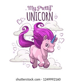 My pretty unicorn. Cute childish illustration with fantasy little pony on the cloudy sky background. Vector print for girls t-shirt design. svg
