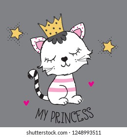 my princess cat cartoon vector illustration, T-shirt graphics design for kids