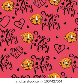 My puppy colour vector seamless pattern illustration on red background with cute bulldog puppy and  hearts